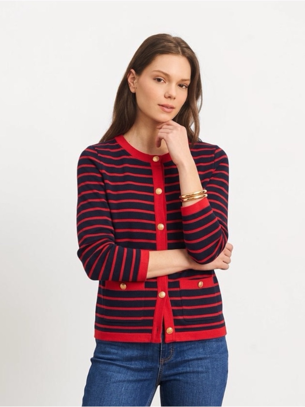Talbots Delfina Striped Cardigan Red Navy Gold Button Preppy Nautical XLP